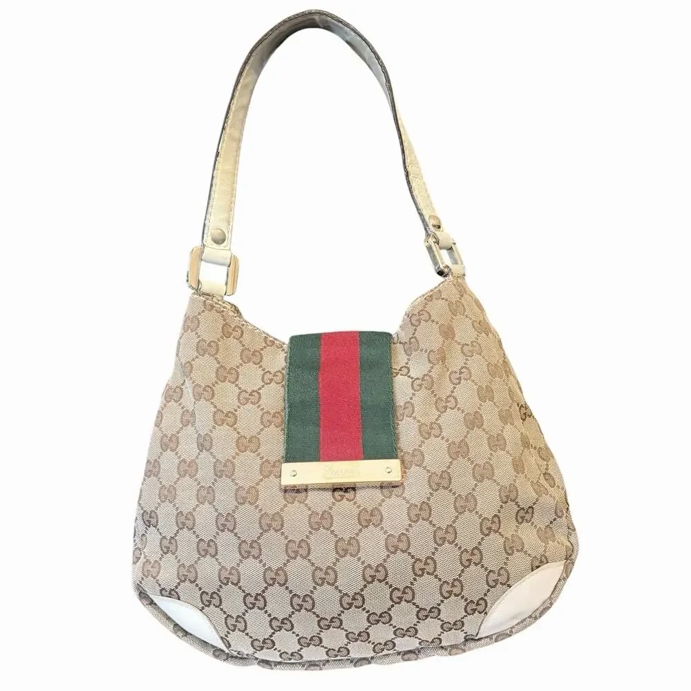 Gucci New Britt GG Canvas Web Stripe Hobo Shoulder Bag Beige Gold Hardware